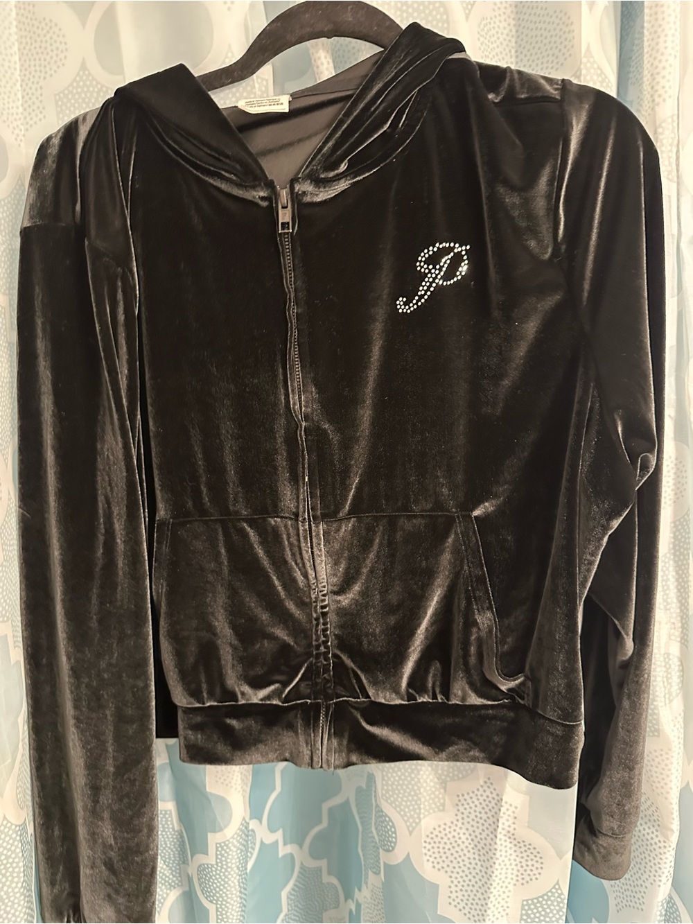 Victoria’s Secret PINK Black Velour Zip Hoodie with Rhinestone 'P' -XXL
